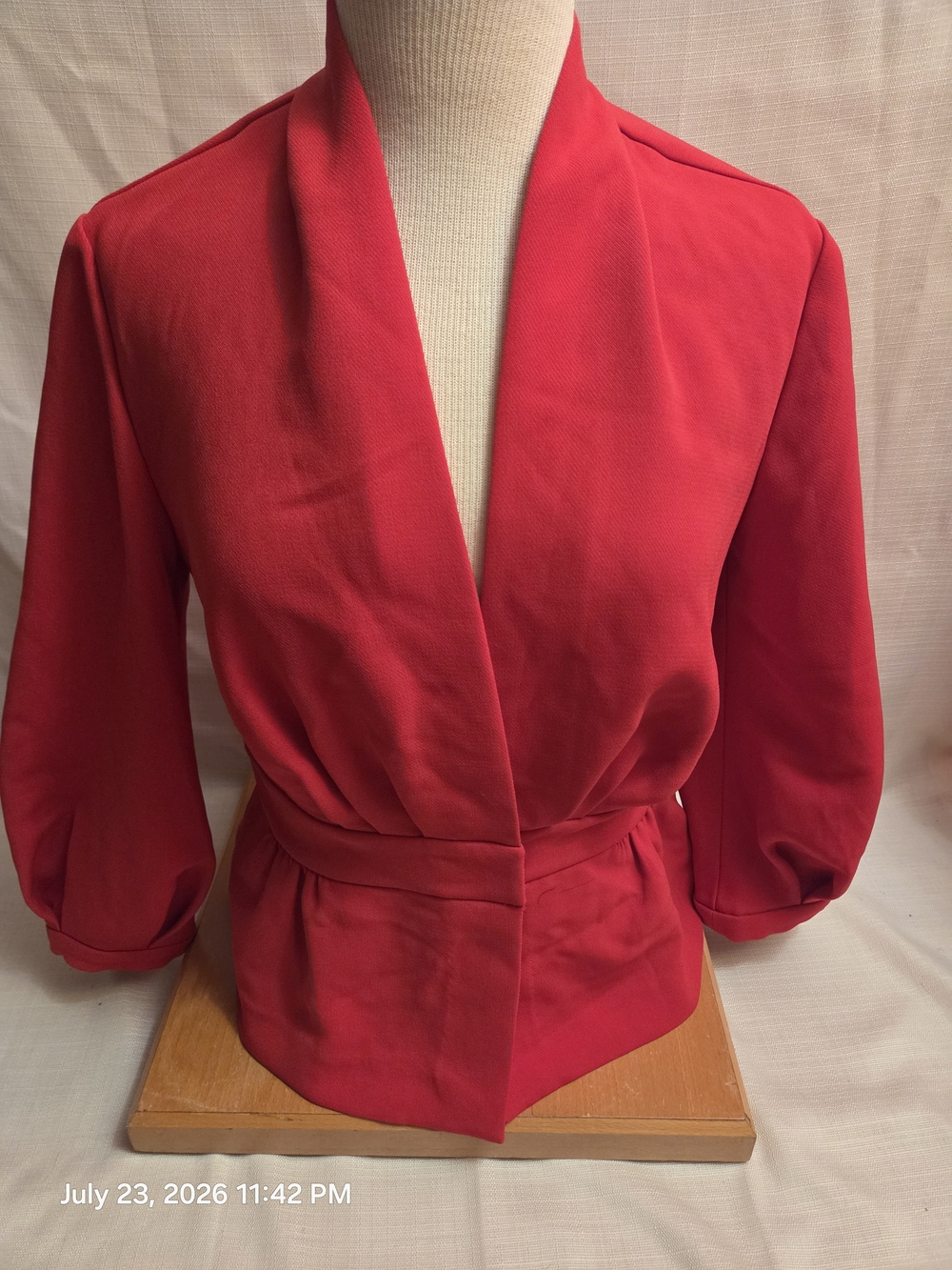 Halogen Red Wrap-Front Blouse with Draped Shawl Collar